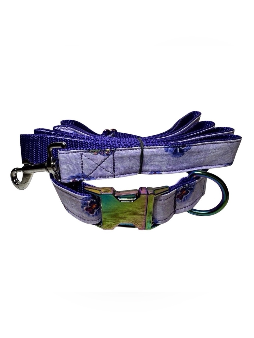 Dog Collar & Leash Purple Butterfly & Pansy Flower Print Large Handmade Heavy